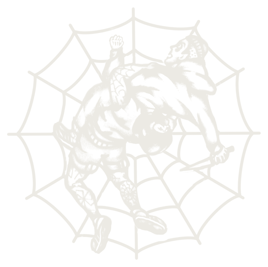 Двама бойци върху паяжина, графика в стил tattoo flash.