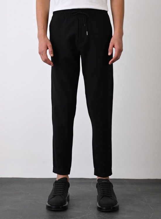 Dokuma Kumaş Likralı Jogger Pantolon – Siyah -  Boyfriend Fit