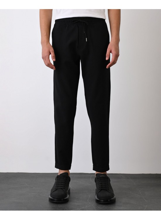 Dokuma Kumaş Likralı Jogger Pantolon – Siyah -  Boyfriend Fit