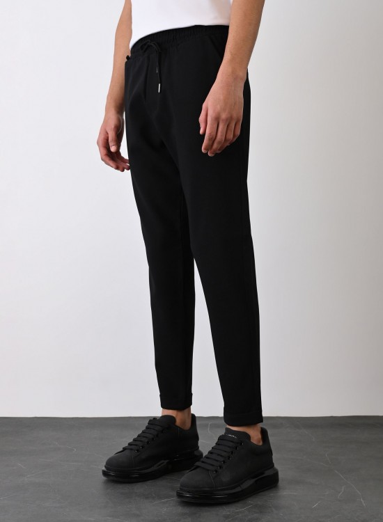 Dokuma Kumaş Likralı Jogger Pantolon – Siyah -  Boyfriend Fit