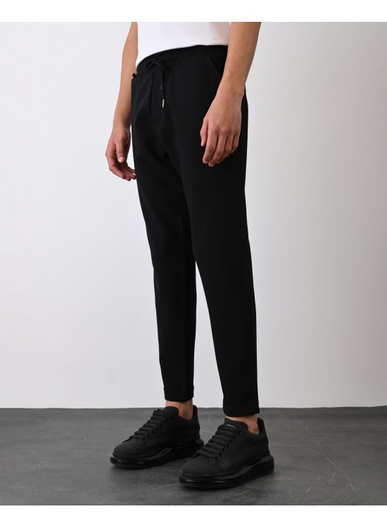 Dokuma Kumaş Likralı Jogger Pantolon – Siyah -  Boyfriend Fit