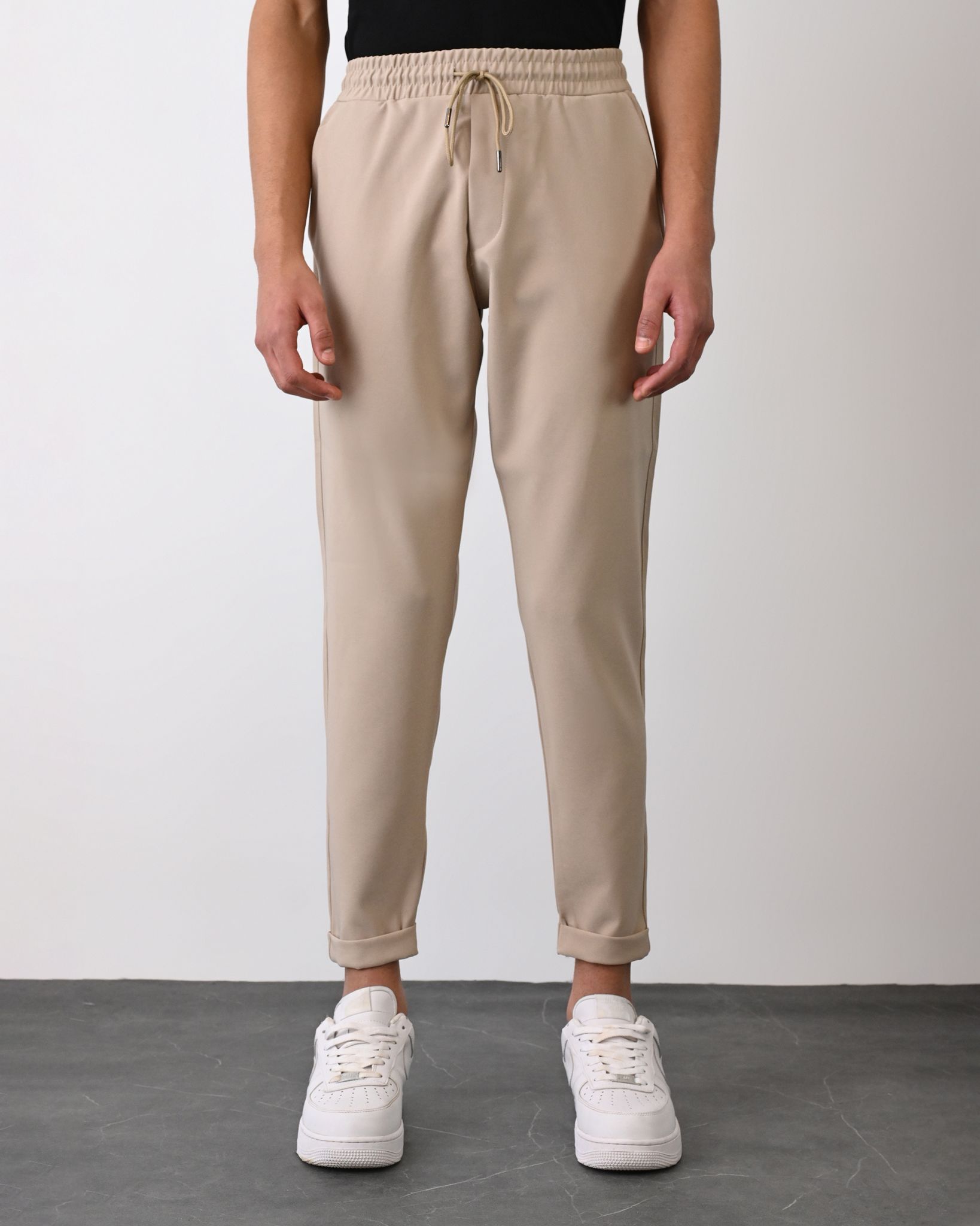 Dokuma Kumaş Likralı Jogger Pantolon – Bej-  Boyfriend Fit