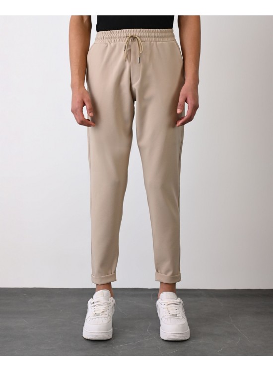 Dokuma Kumaş Likralı Jogger Pantolon – Bej-  Boyfriend Fit