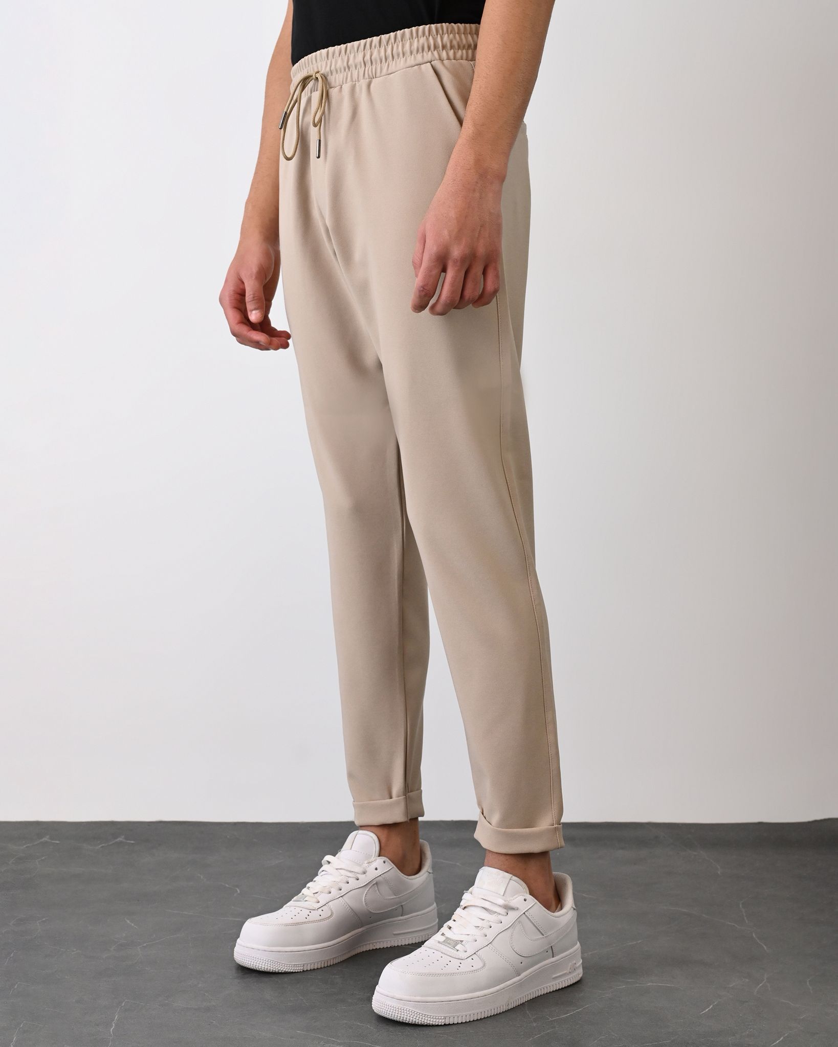 Dokuma Kumaş Likralı Jogger Pantolon – Bej-  Boyfriend Fit