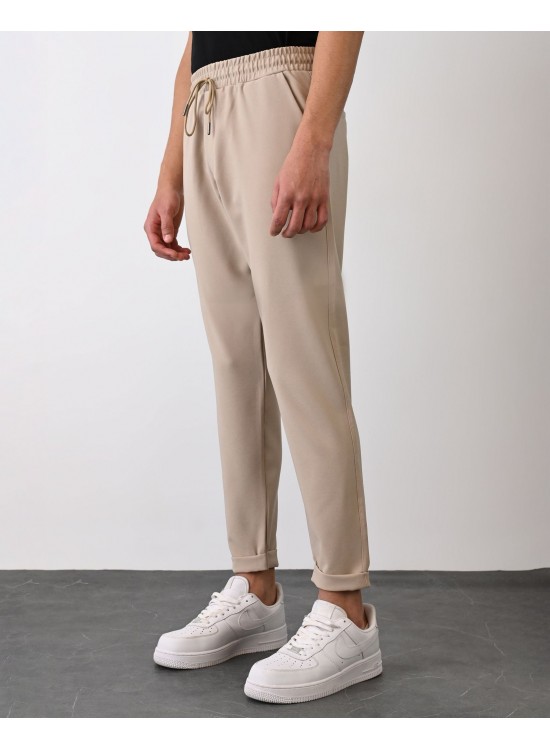 Dokuma Kumaş Likralı Jogger Pantolon – Bej-  Boyfriend Fit