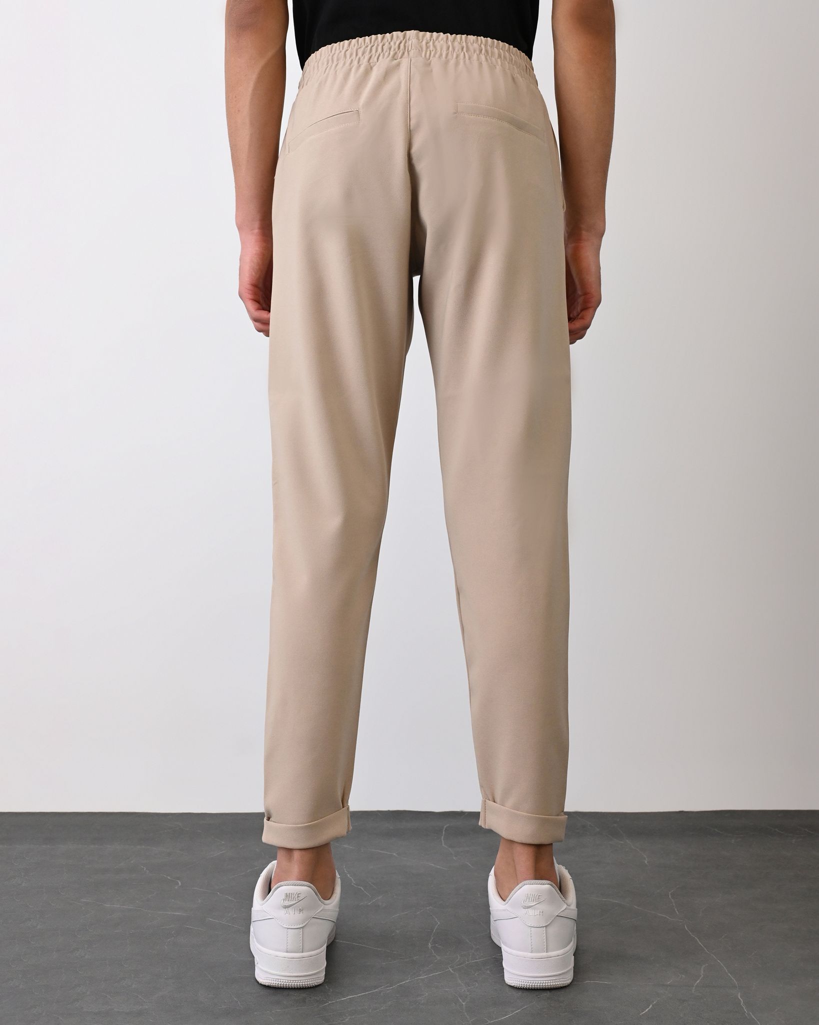 Dokuma Kumaş Likralı Jogger Pantolon – Bej-  Boyfriend Fit