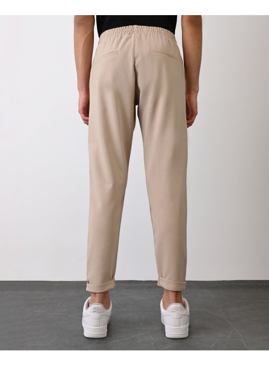 Dokuma Kumaş Likralı Jogger Pantolon – Bej-  Boyfriend Fit