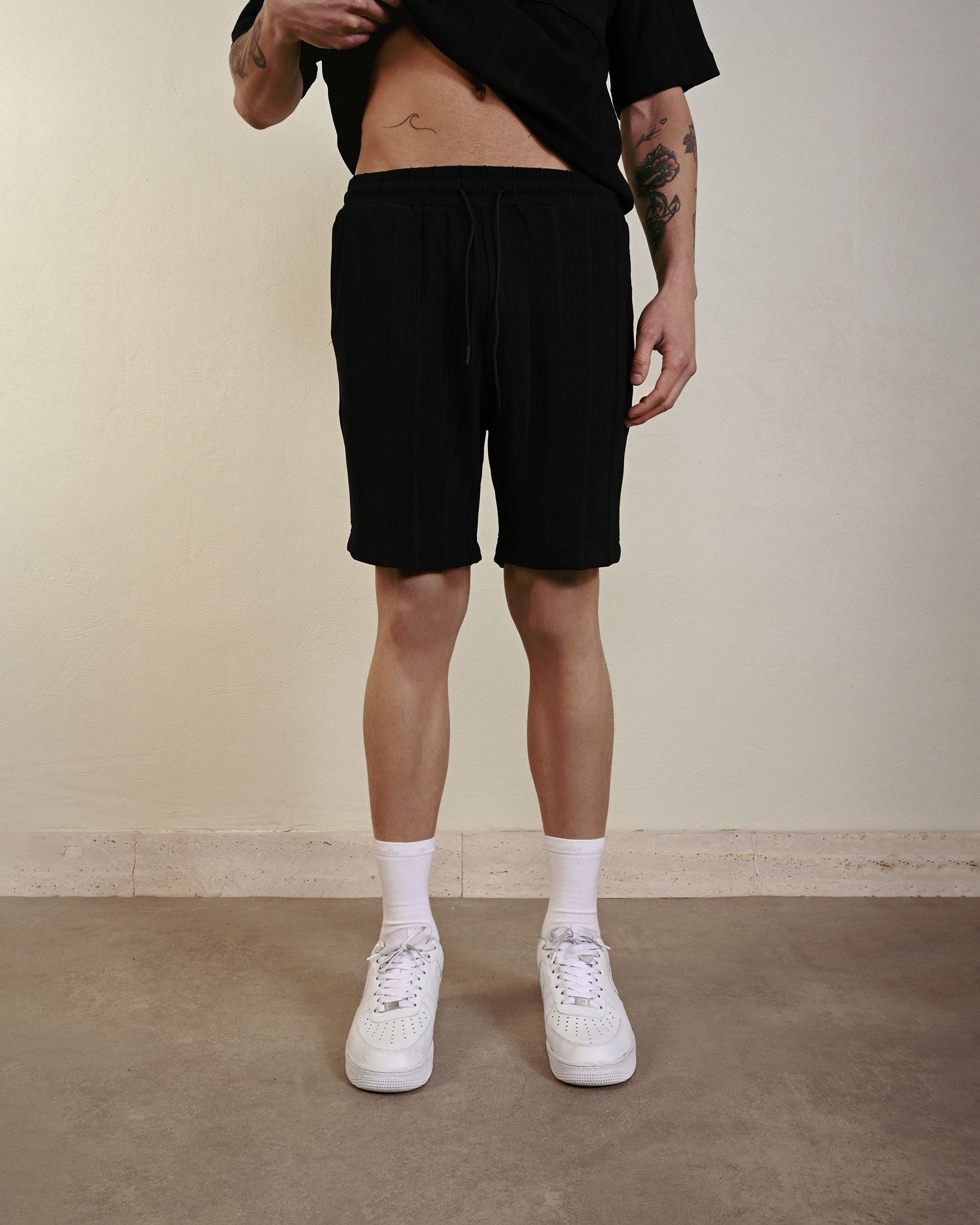 Desenli Dokuma Şort – Siyah - Oversize Fit