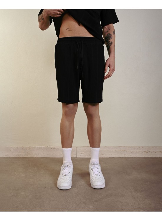 Desenli Dokuma Şort – Siyah - Oversize Fit