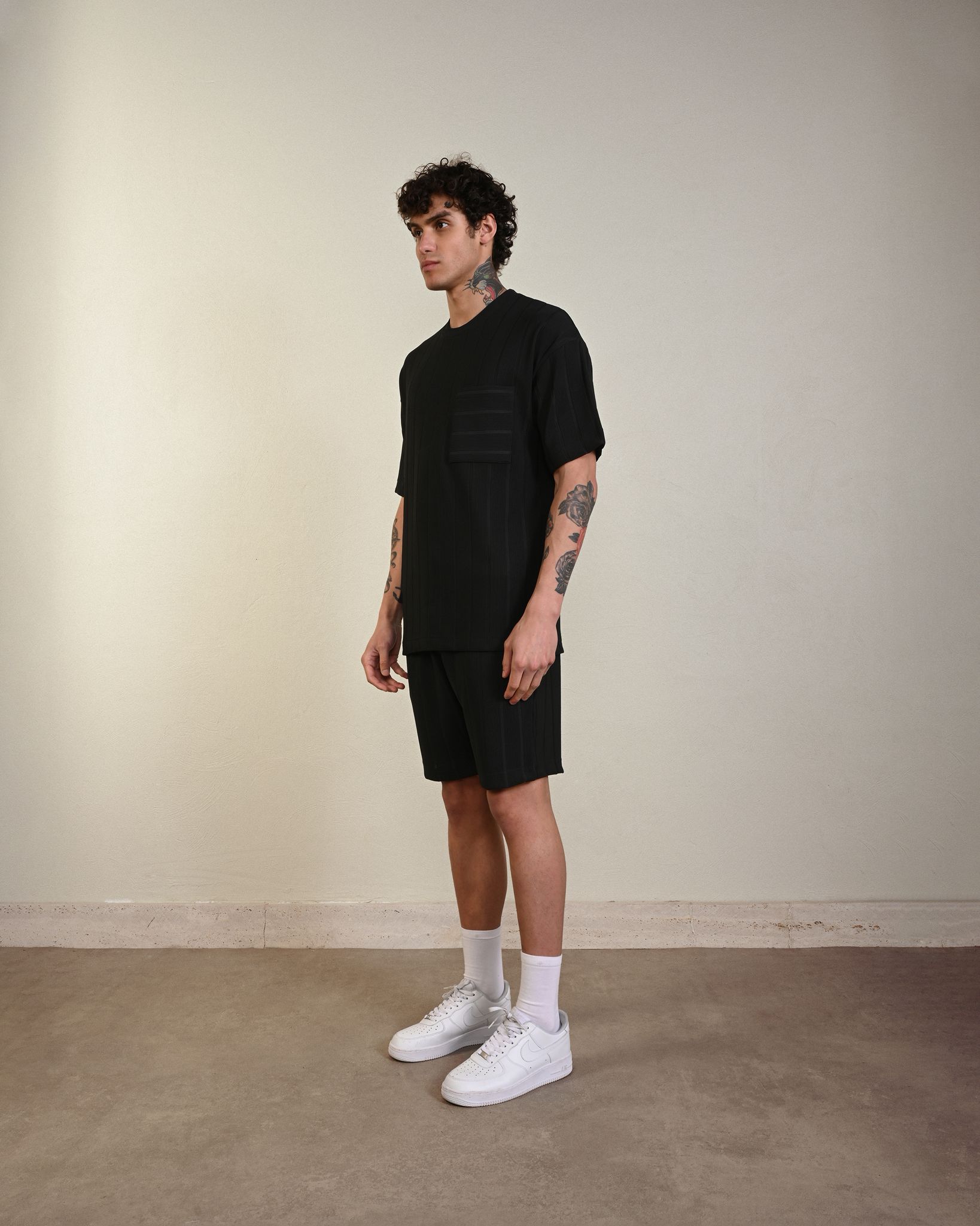 Desenli Dokuma Şort – Siyah - Oversize Fit