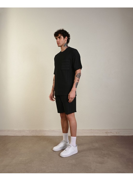 Desenli Dokuma Şort – Siyah - Oversize Fit