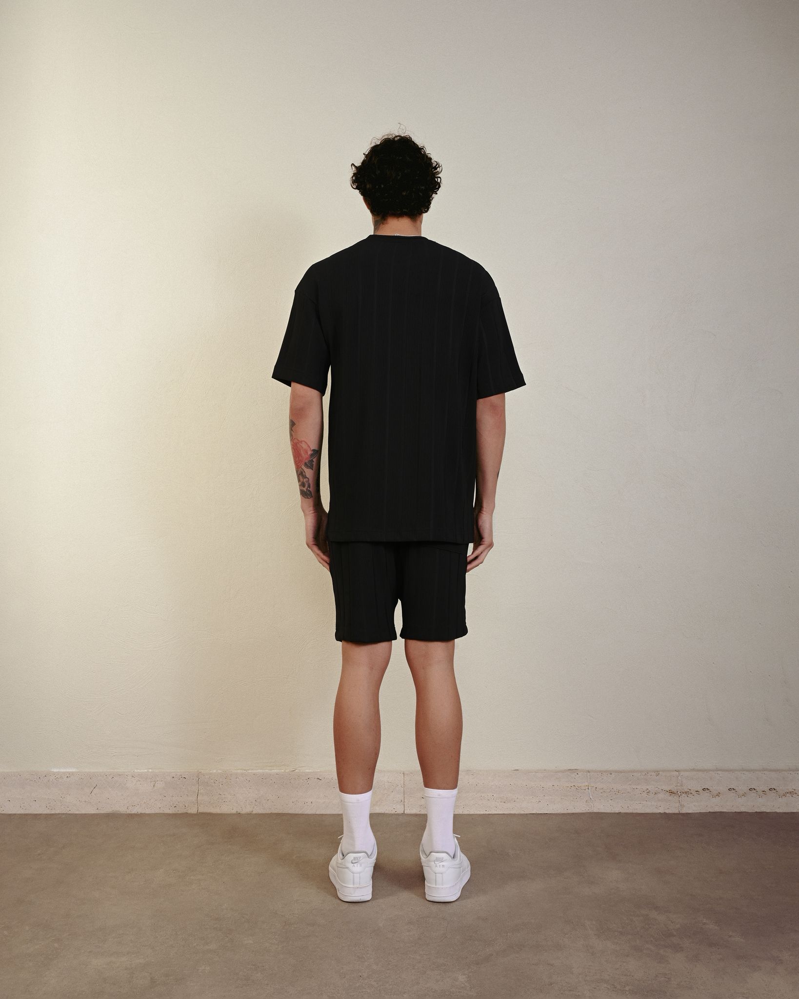 Desenli Dokuma Şort – Siyah - Oversize Fit