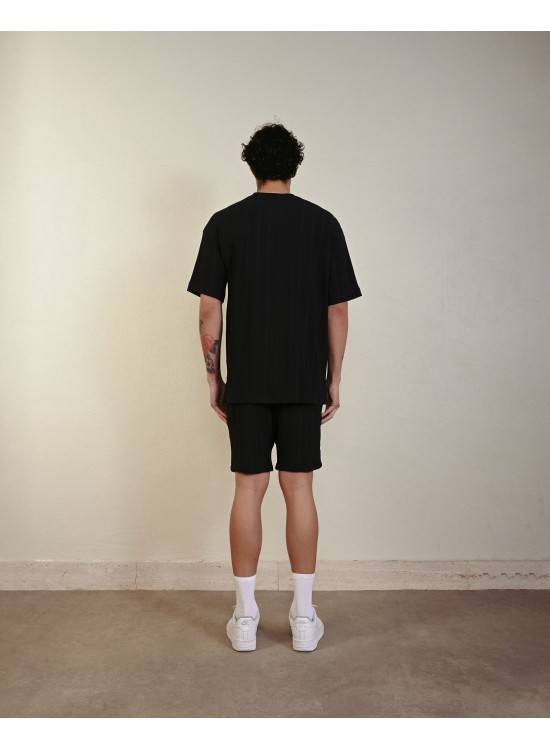 Desenli Dokuma Şort – Siyah - Oversize Fit