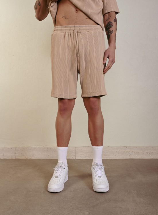 Desenli Dokuma Şort – Bej - Oversize Fit