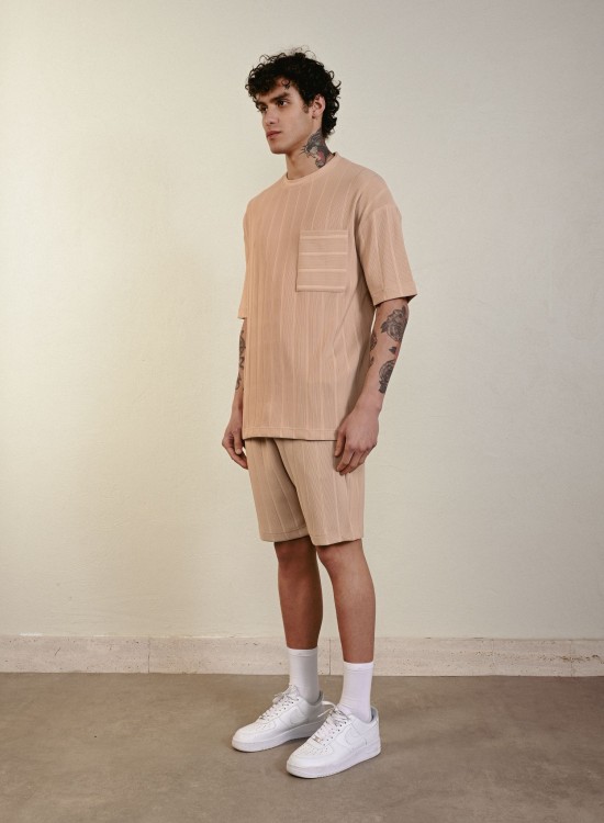 Desenli Dokuma Şort – Bej - Oversize Fit