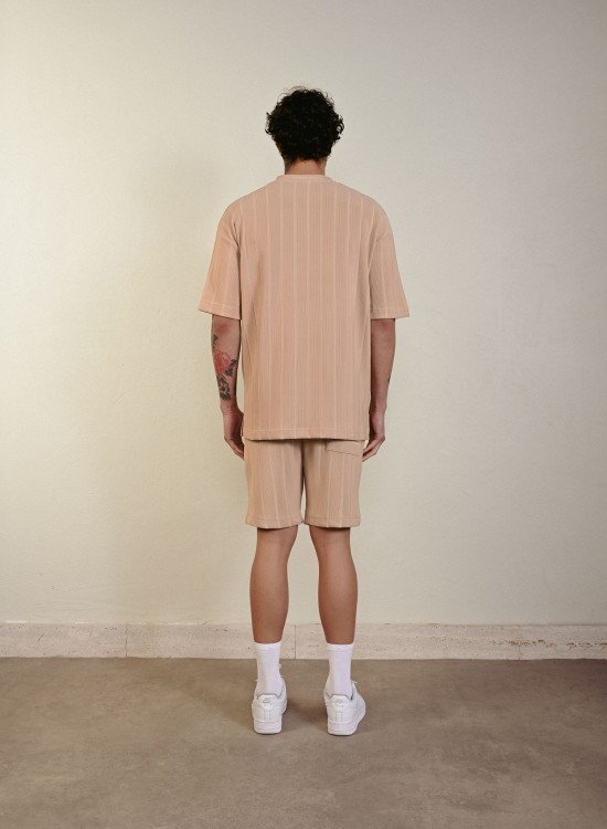 Desenli Dokuma Şort – Bej - Oversize Fit