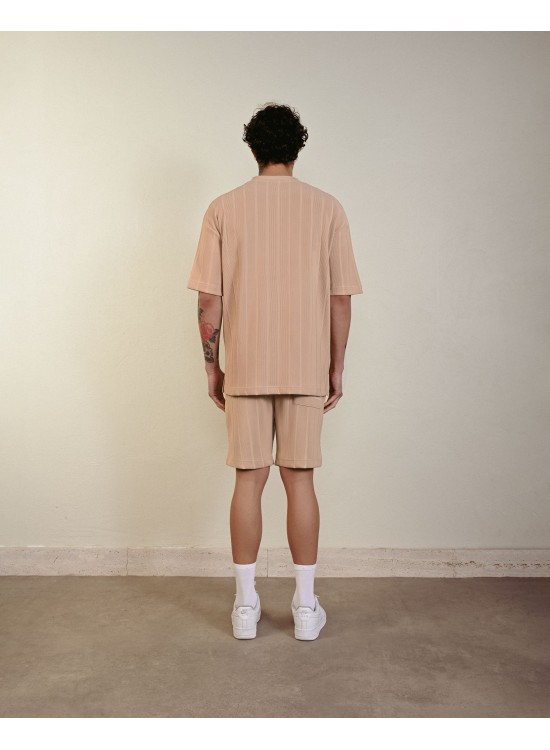 Desenli Dokuma Şort – Bej - Oversize Fit