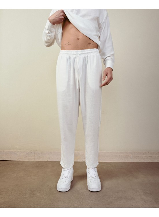 Keten Jogger Pantolon – Beyaz - Boyfriend Fit