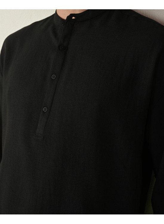 Hakim Yaka Keten Gömlek – Siyah - Regular Fit