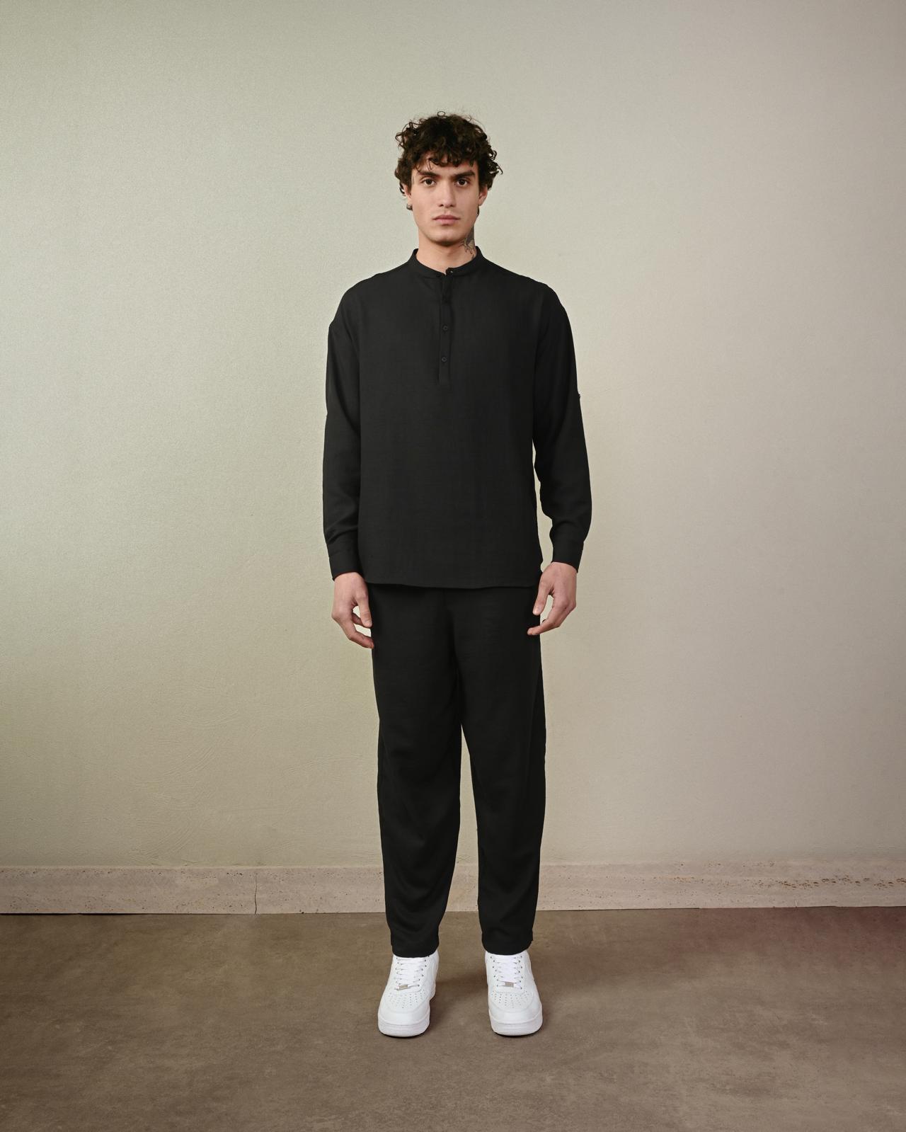 Hakim Yaka Keten Gömlek – Siyah - Regular Fit