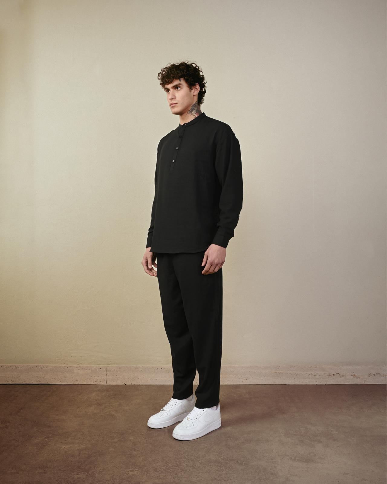 Hakim Yaka Keten Gömlek – Siyah - Regular Fit