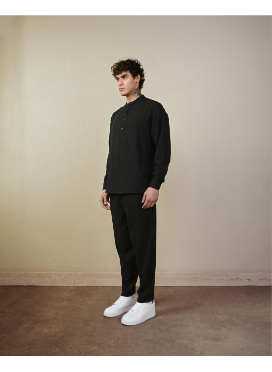 Hakim Yaka Keten Gömlek – Siyah - Regular Fit