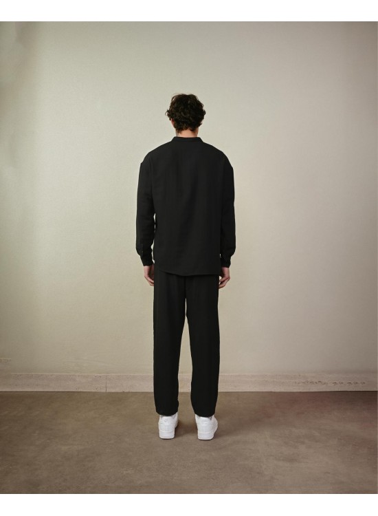 Hakim Yaka Keten Gömlek – Siyah - Regular Fit