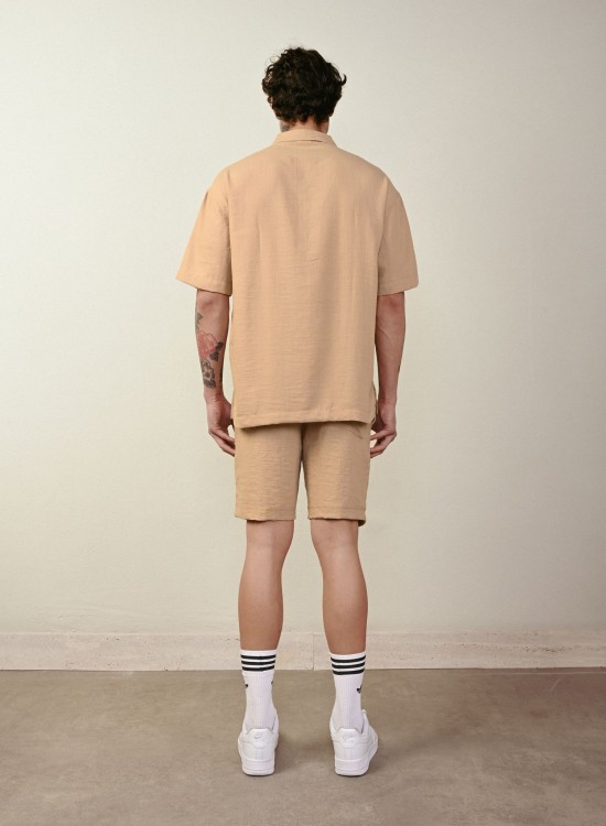 Yarım Düğme Gömlek – Vizon - Oversize Fit