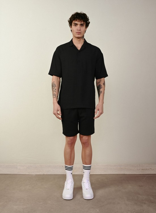 Yarım Düğme Gömlek – Siyah - Oversize Fit