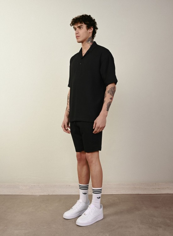 Yarım Düğme Gömlek – Siyah - Oversize Fit
