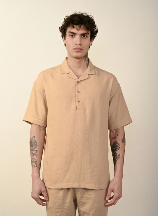 Yarım Düğme Gömlek – Vizon - Oversize Fit