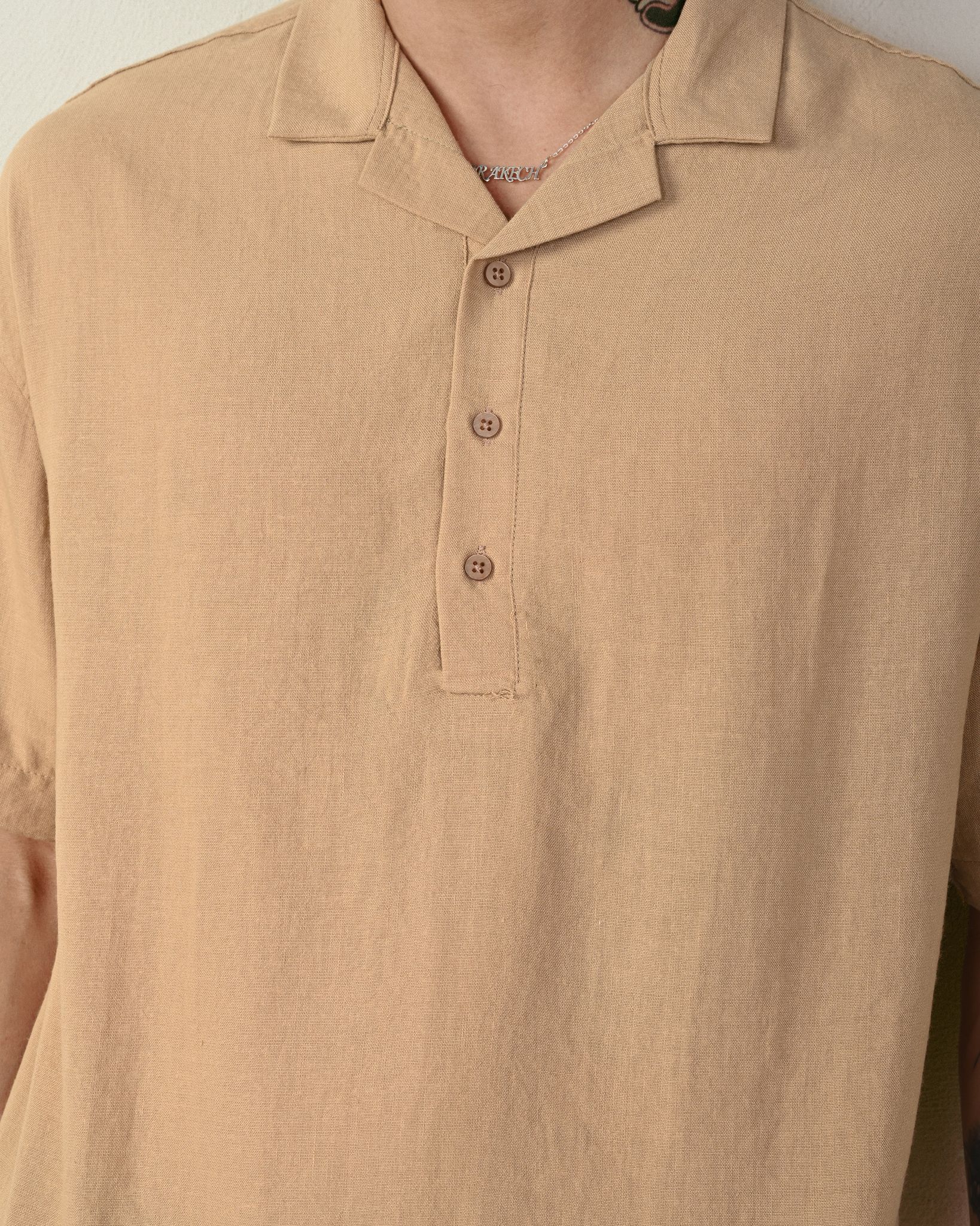 Yarım Düğme Gömlek – Vizon - Oversize Fit