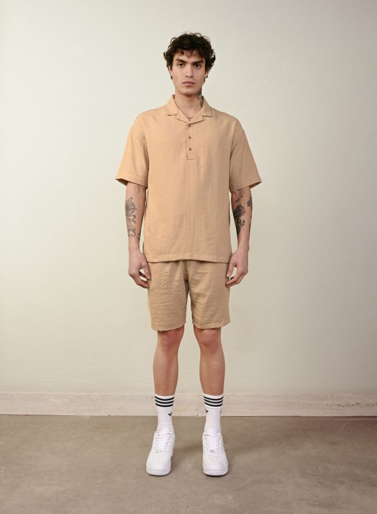Yarım Düğme Gömlek – Vizon - Oversize Fit