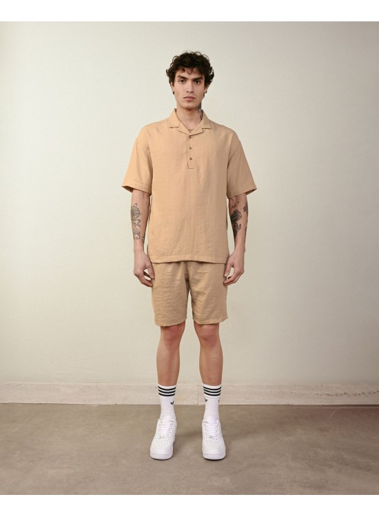 Yarım Düğme Gömlek – Vizon - Oversize Fit