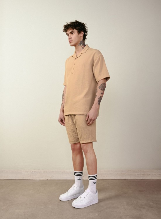 Yarım Düğme Gömlek – Vizon - Oversize Fit