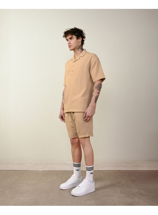 Yarım Düğme Gömlek – Vizon - Oversize Fit