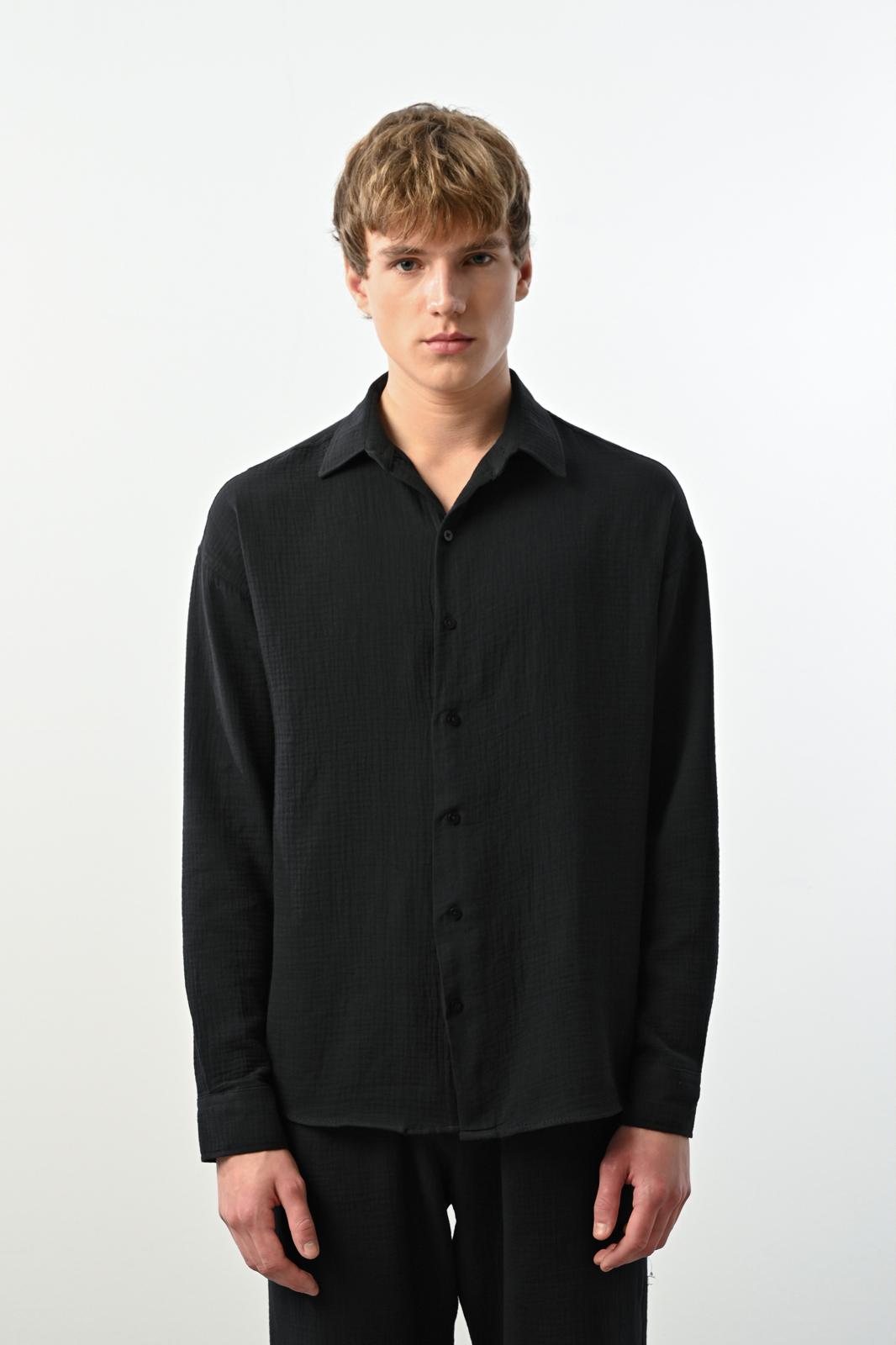 Müslin Kumaş Gömlek – Siyah - Oversize Fit