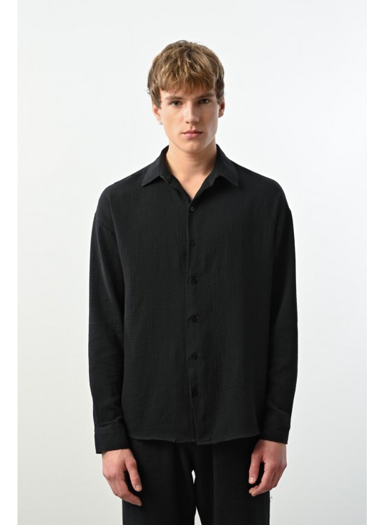 Müslin Kumaş Gömlek – Siyah - Oversize Fit
