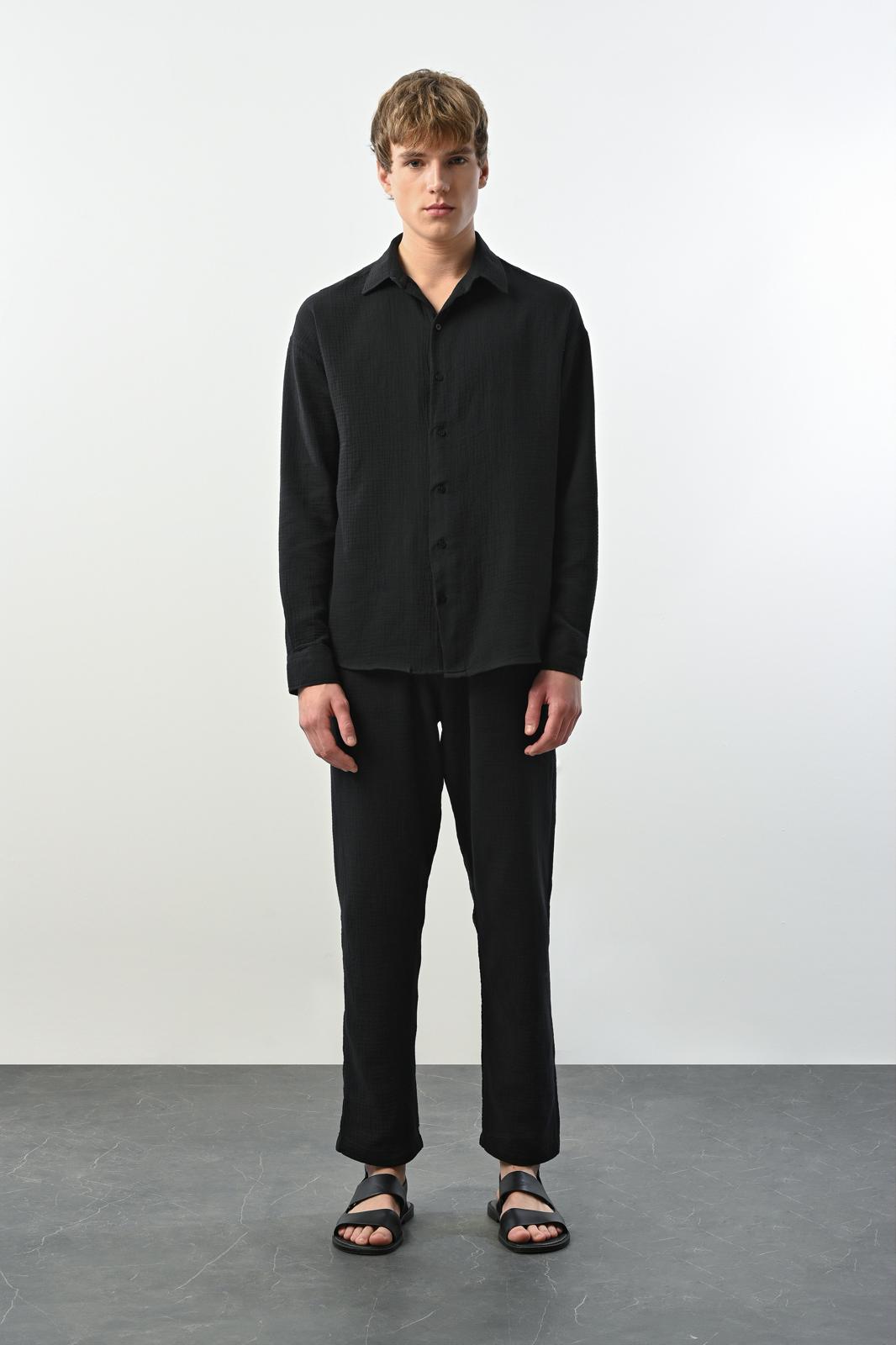 Müslin Kumaş Gömlek – Siyah - Oversize Fit