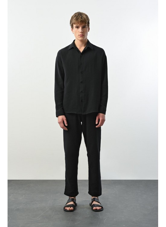 Müslin Kumaş Gömlek – Siyah - Oversize Fit