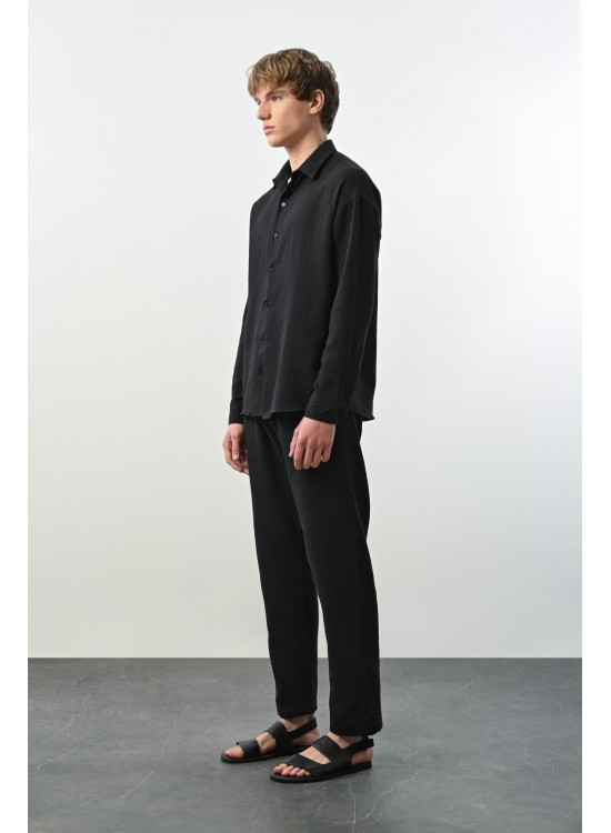 Müslin Kumaş Gömlek – Siyah - Oversize Fit