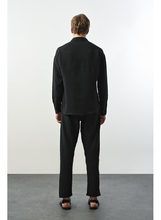 Müslin Kumaş Gömlek – Siyah - Oversize Fit