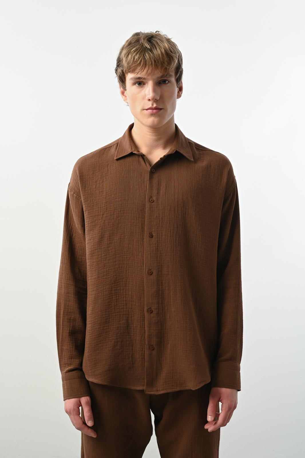 Müslin Kumaş Gömlek – Kahve - Oversize Fit