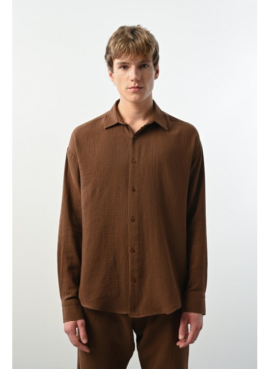 Müslin Kumaş Gömlek – Kahve - Oversize Fit
