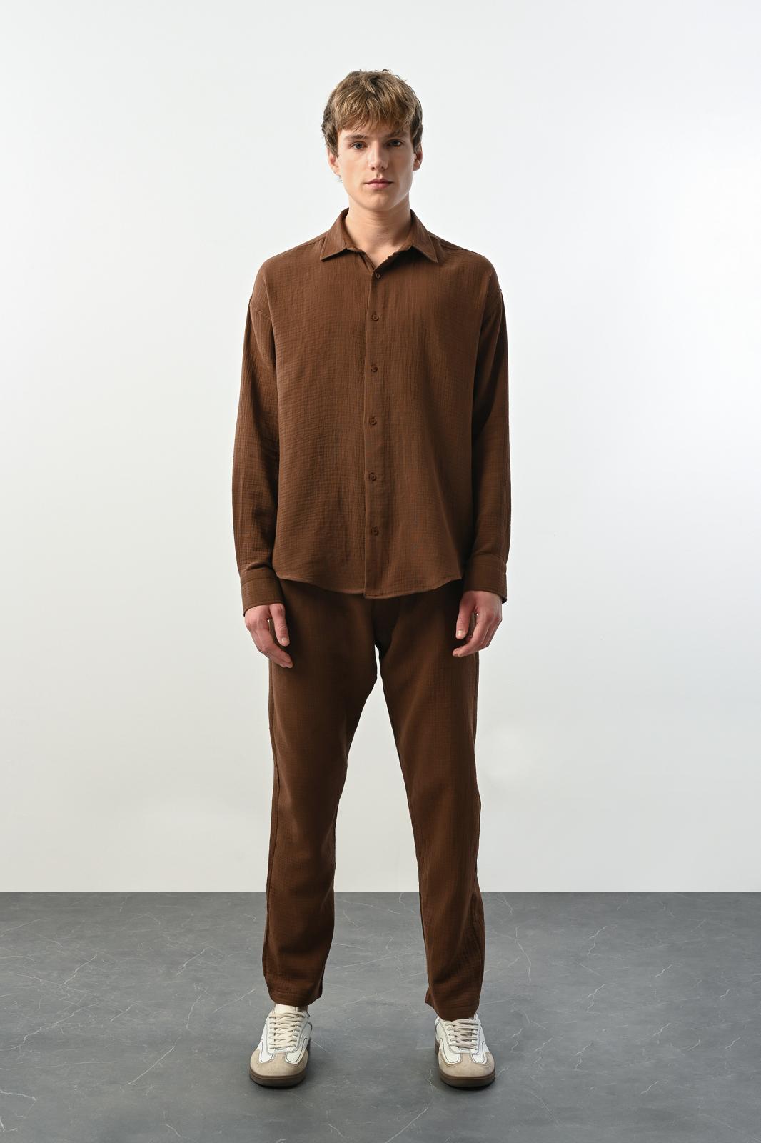Müslin Kumaş Gömlek – Kahve - Oversize Fit