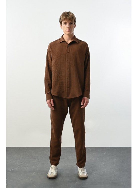 Müslin Kumaş Gömlek – Kahve - Oversize Fit