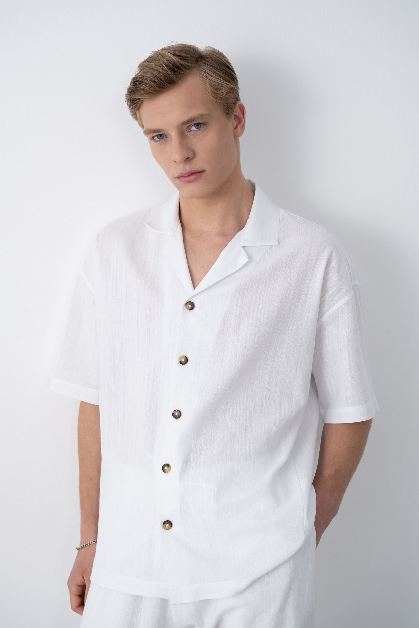 Dokuma Detaylı Gömlek – Beyaz -  Oversize Fit