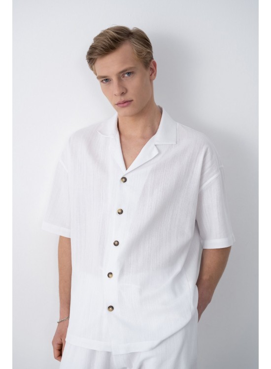 Dokuma Detaylı Gömlek – Beyaz -  Oversize Fit