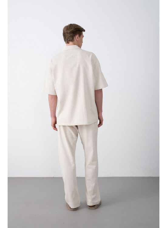 Dokuma Detaylı Gömlek – Bej - Oversize Fit