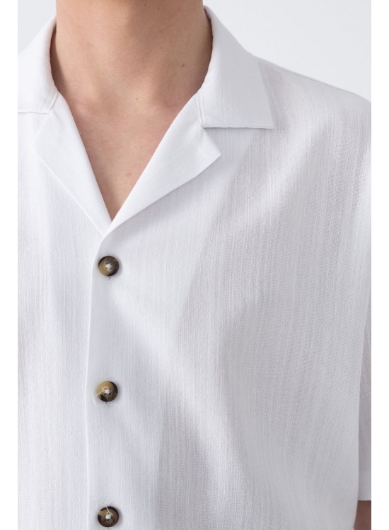 Dokuma Detaylı Gömlek – Beyaz -  Oversize Fit